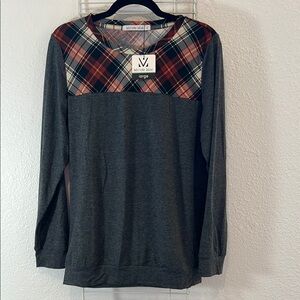Michelle Mae Gray and Red Plaid Long Sleeve Top